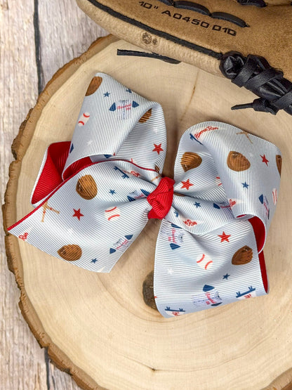 All-Star double layer hair bow with baseball print and red backing ribbon