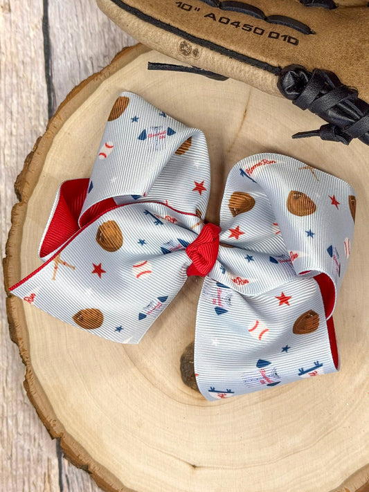 All-Star double layer hair bow with baseball print and red backing ribbon