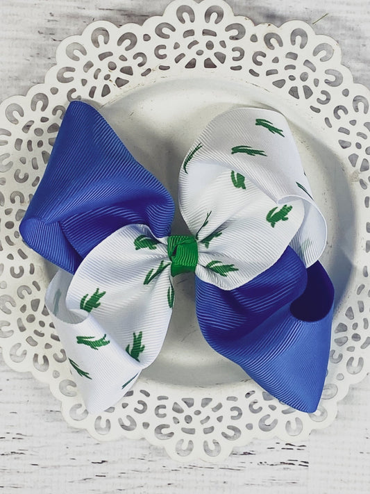 Blue, white and green alligator print hair bow on alligator clip
