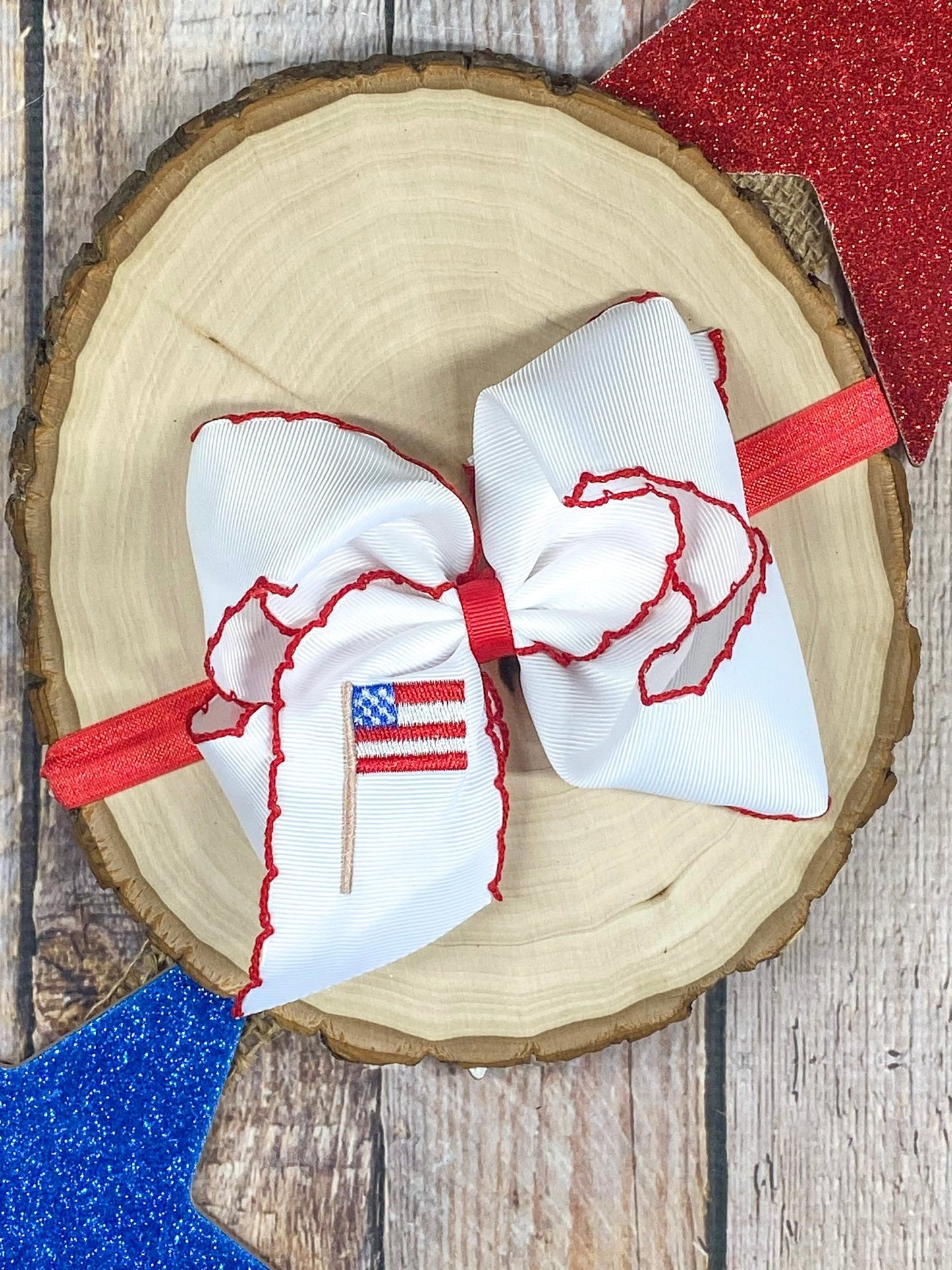 American Flag Embroidered Moonstitch Bow Headband