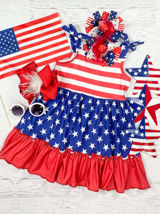 Red, White & Blue American Flag Print Smocked Dress  - Alternative view