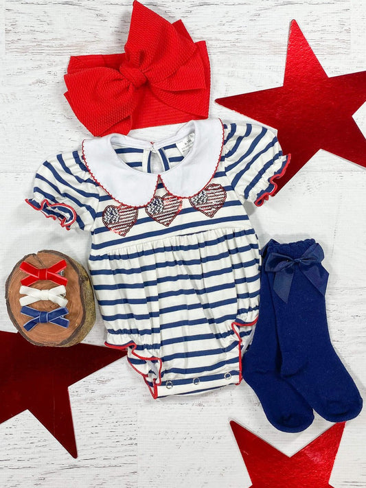 Baby romper with sequin hearts and red, white and blue stripes