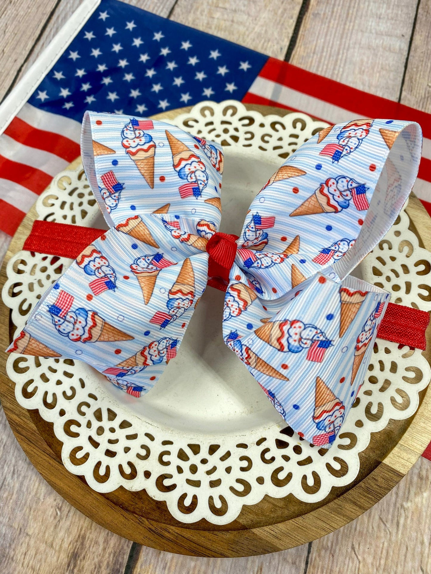 American Ice Cream Cones print hairbow on a wooden background