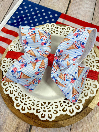 American Ice Cream Cones print hairbow on a wooden background