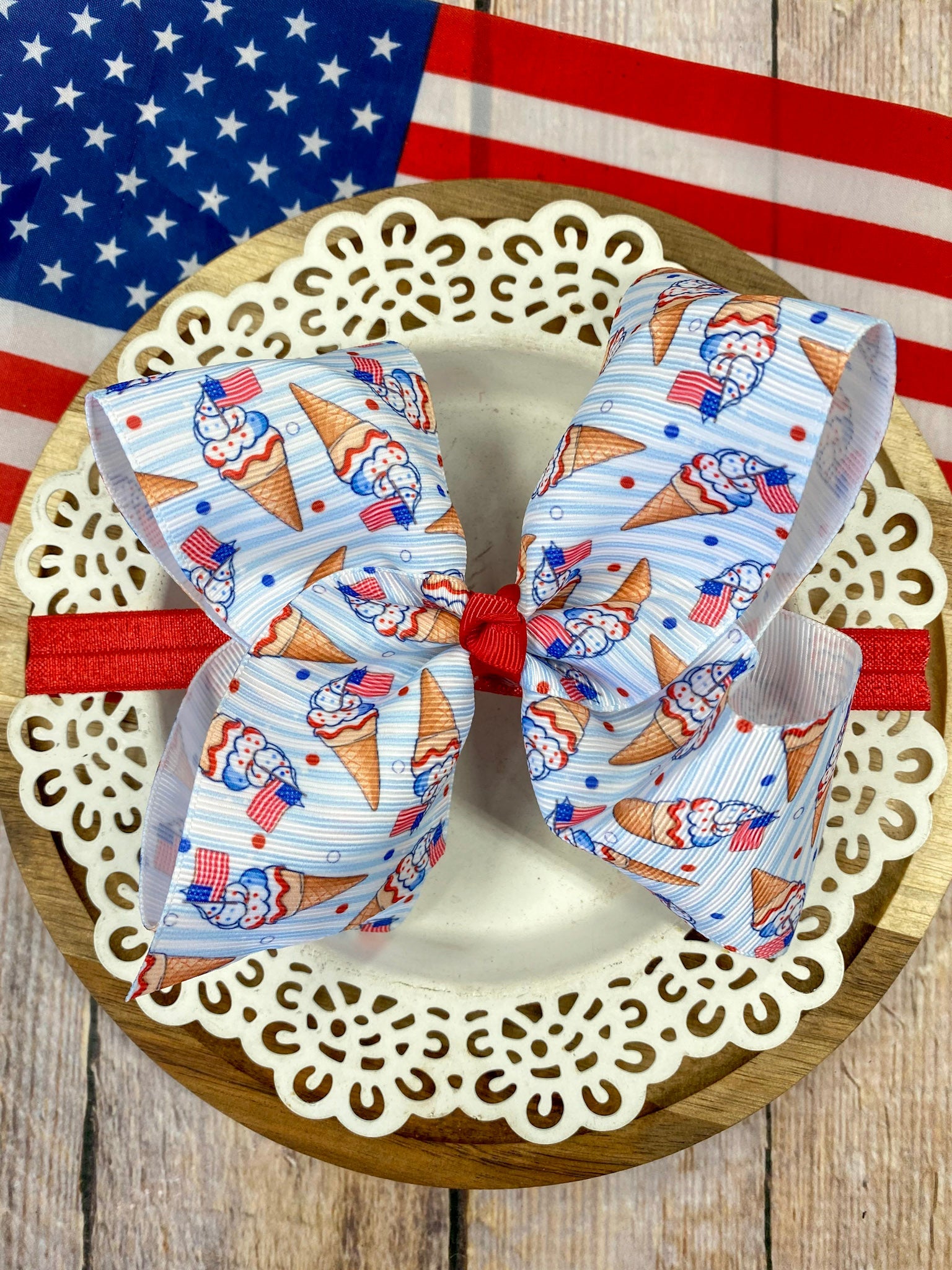 American Ice Cream Cones print hairbow on a wooden background