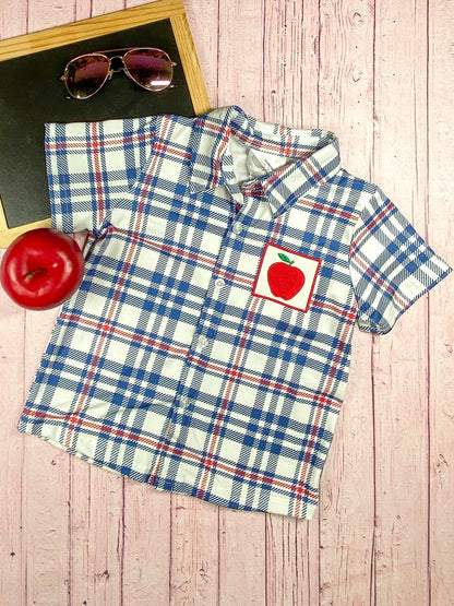 Apple Embroidered Plaid Boy's Collared Top