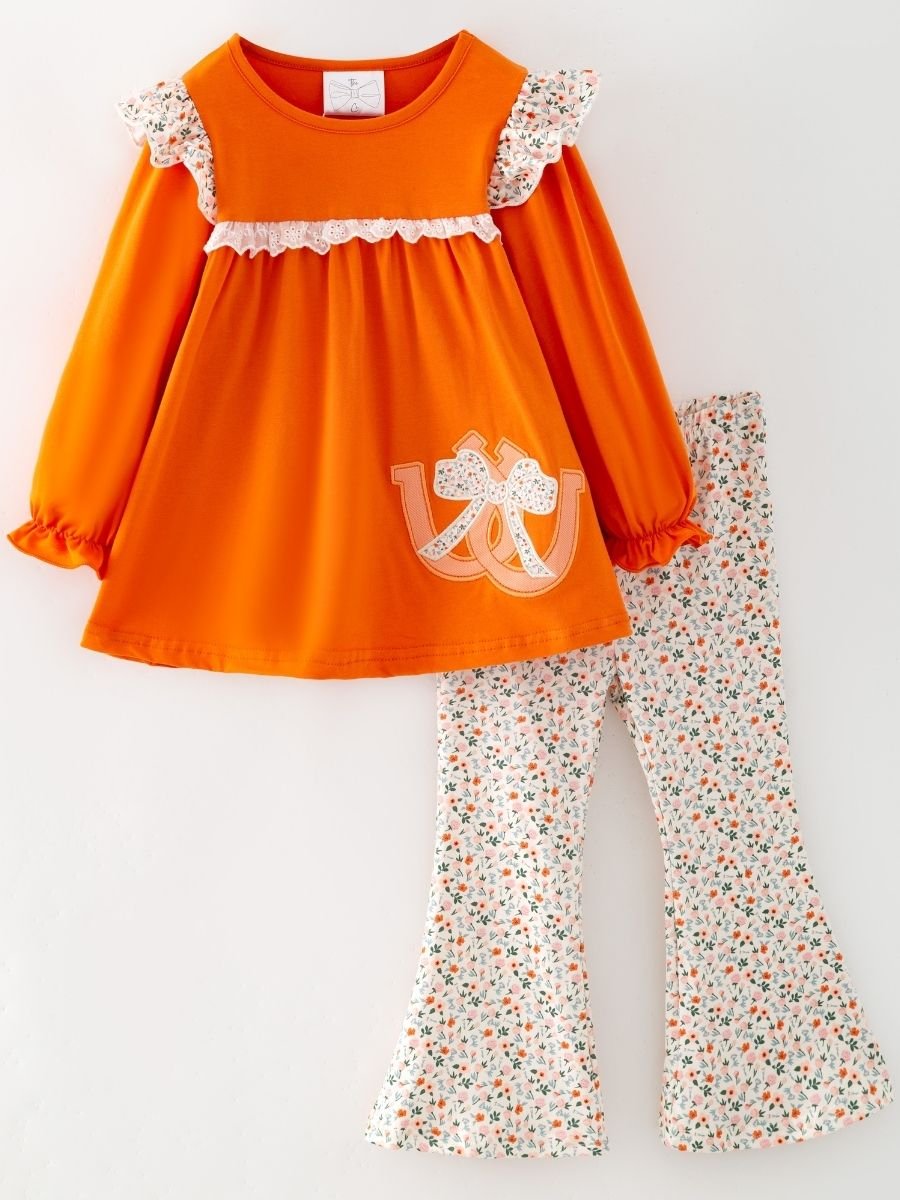 girls fall two-piece with horseshoe appliqué orange tunic and ditsy floral flare pants