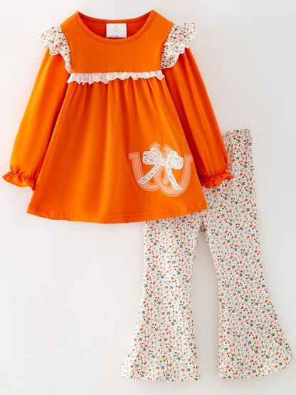 girls fall two-piece with horseshoe appliqué orange tunic and ditsy floral flare pants