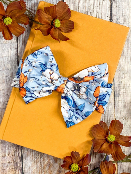 Autumn whisper floral print bow headband on yellow fabric