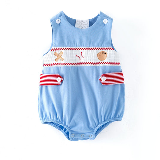 Baby boy blue baseball smocked romper with embroidered baseball glove, bat, and baseball details, sleeveless boutique infant outfit - Alternative view