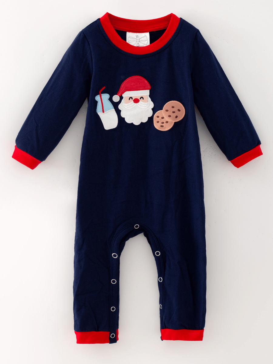 Baby boy navy Christmas romper with Santa, milk and cookies applique