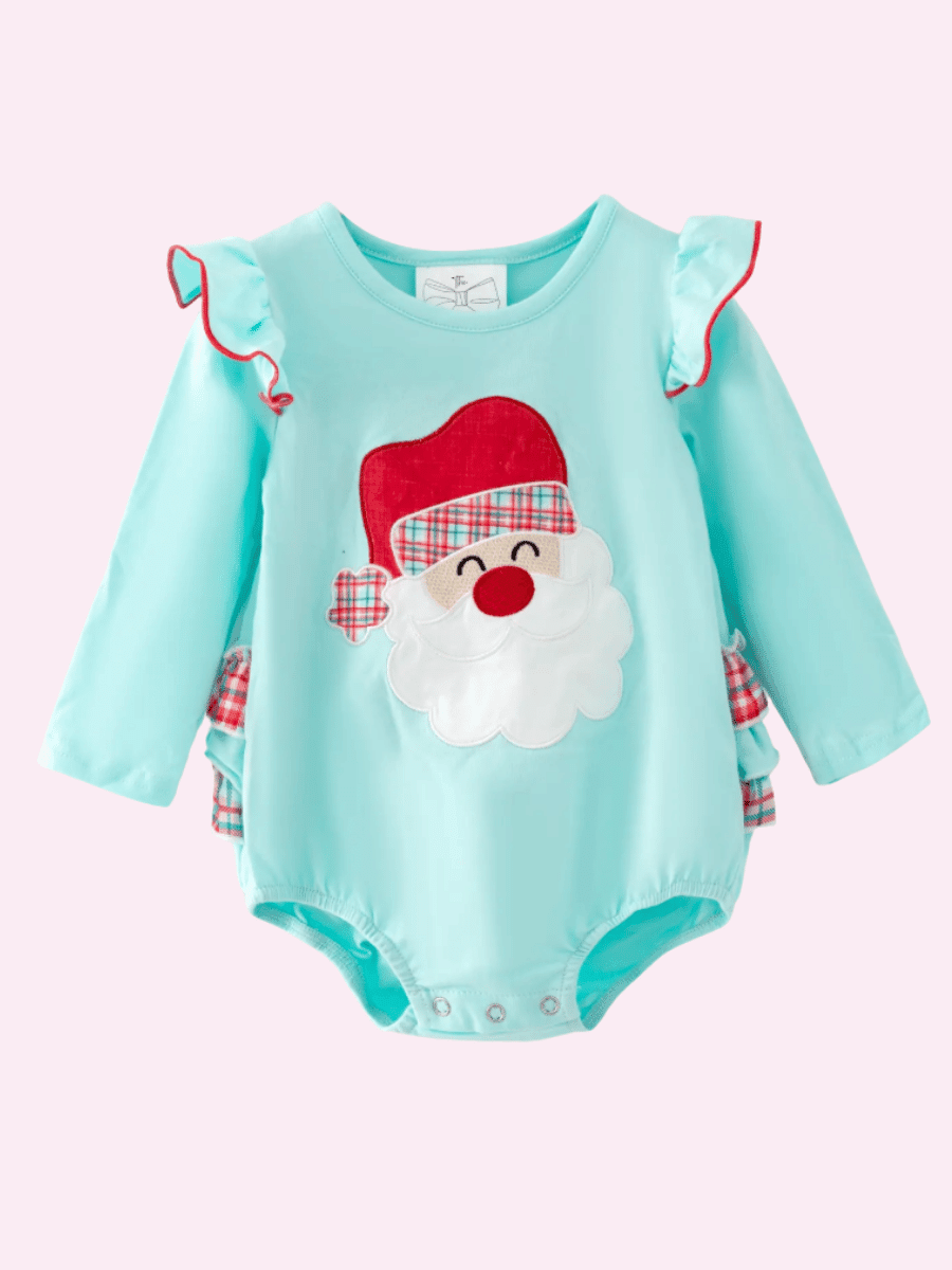 Baby girl aqua Christmas bubble romper with a Santa appliqué and plaid ruffle sleeves