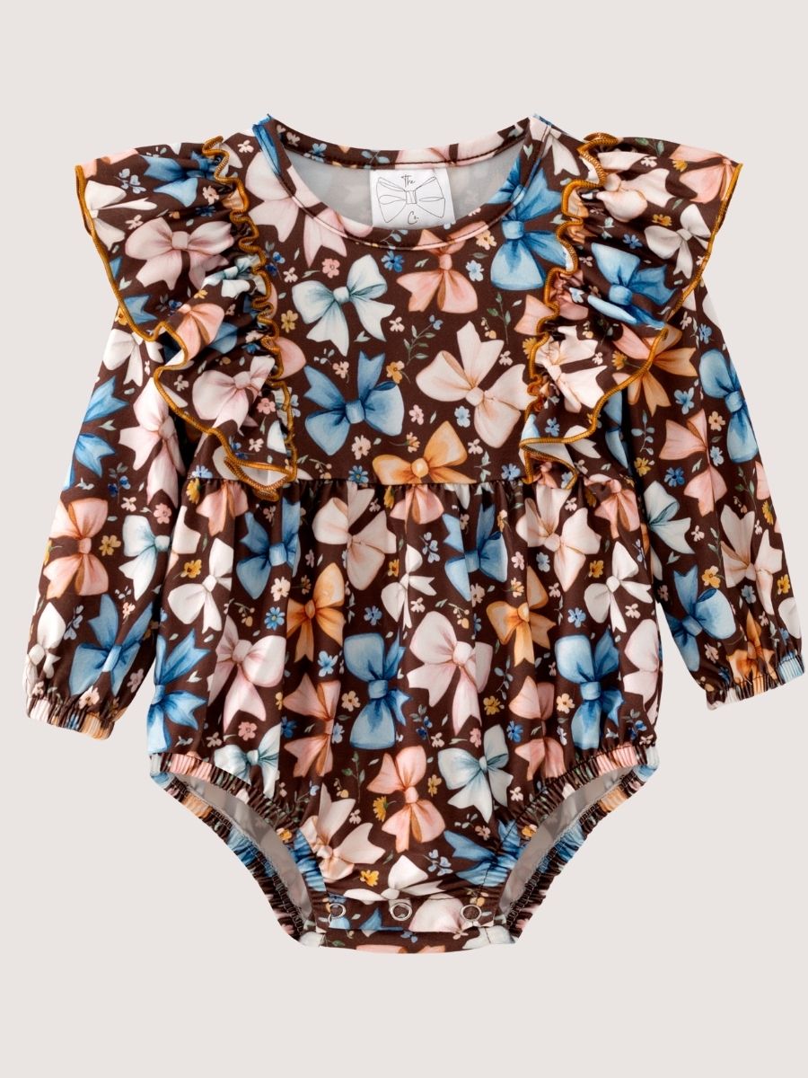 Baby girl brown bow print bubble romper with long sleeves and ruffle shoulders