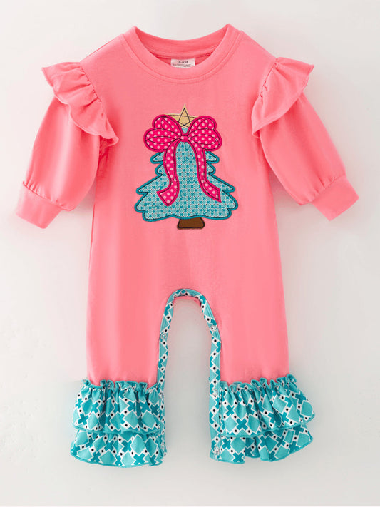 Baby girl pink Christmas romper with bow tree appliqué and teal ruffles