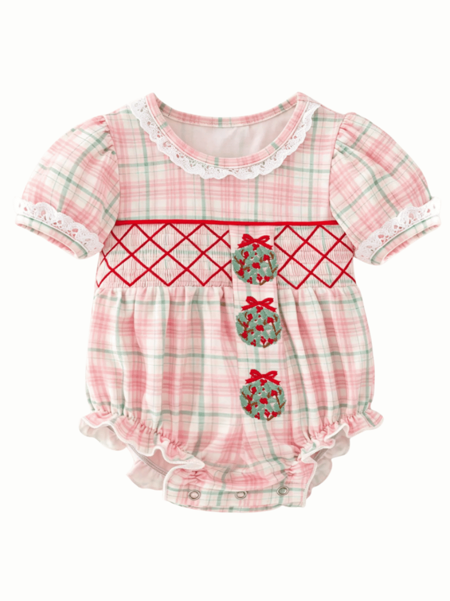 Baby girl pink plaid Christmas romper with smocking and embroidered wreaths