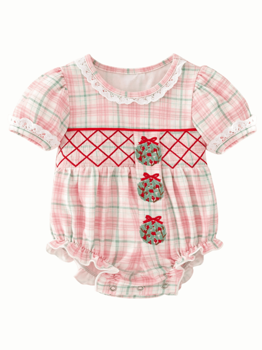 Baby girl pink plaid Christmas romper with smocking and embroidered wreaths