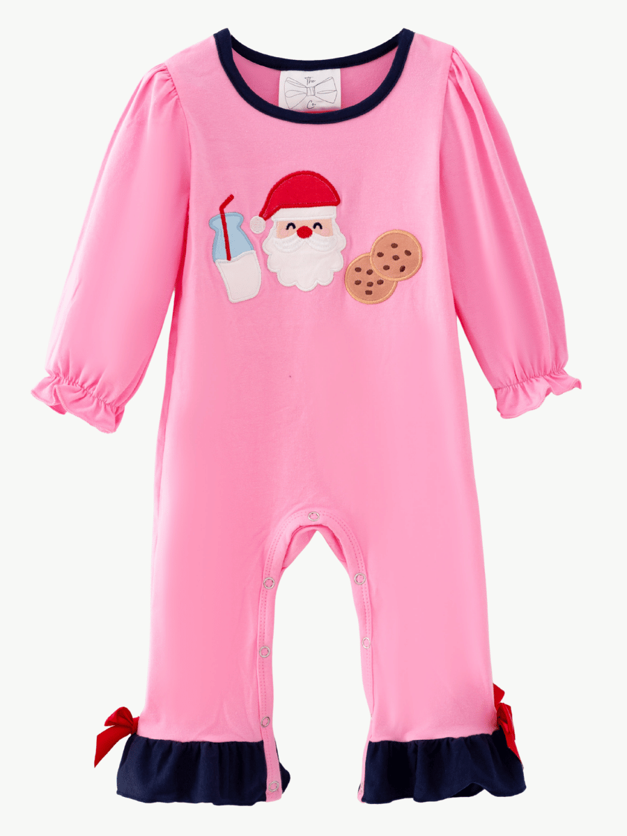 Baby girl pink Christmas romper with Santa, milk and cookies applique