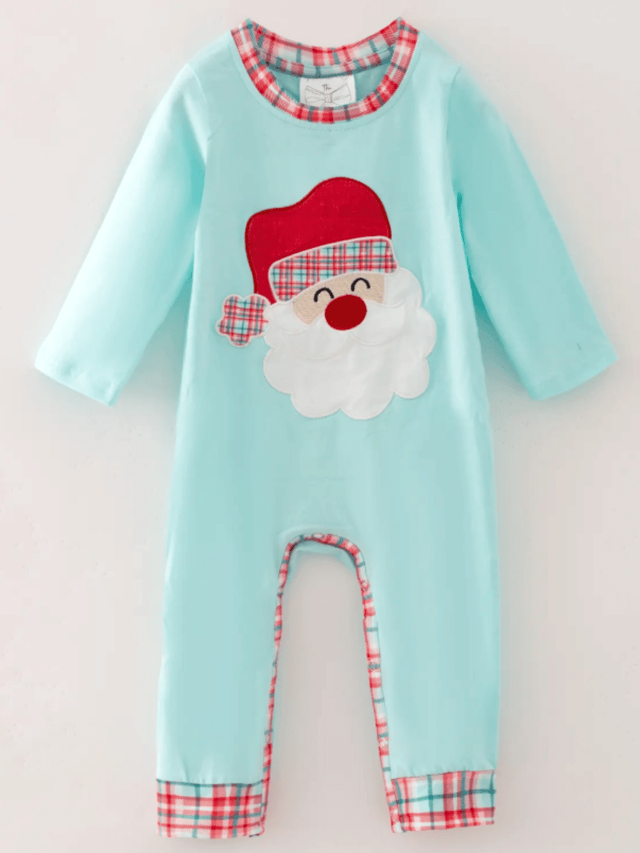 Baby aqua Christmas romper with a Santa appliqué and plaid trim