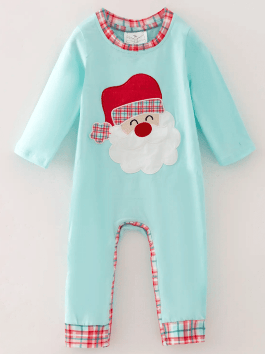 Baby aqua Christmas romper with a Santa appliqué and plaid trim
