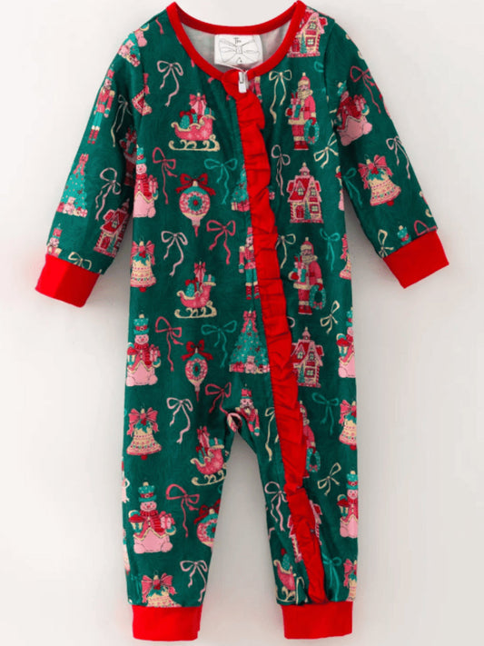 Baby girl green vintage Christmas print romper with red ruffle trim