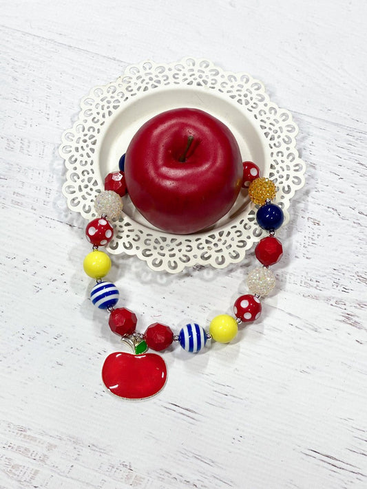 Apple pendant necklace with red, blue and yellow beads