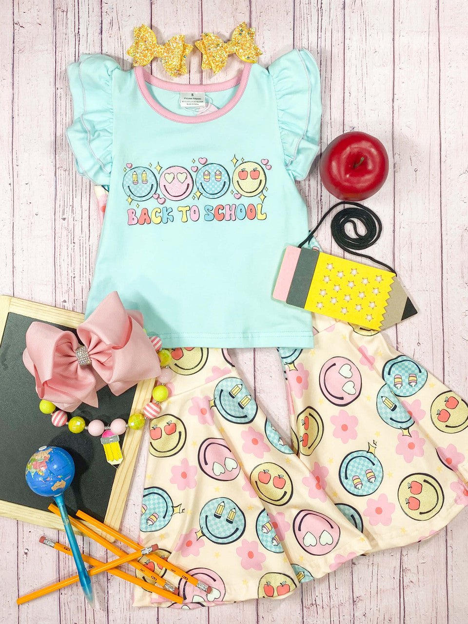 Happy to be Back Aqua Top & Yellow & Pink Flare Pants Set