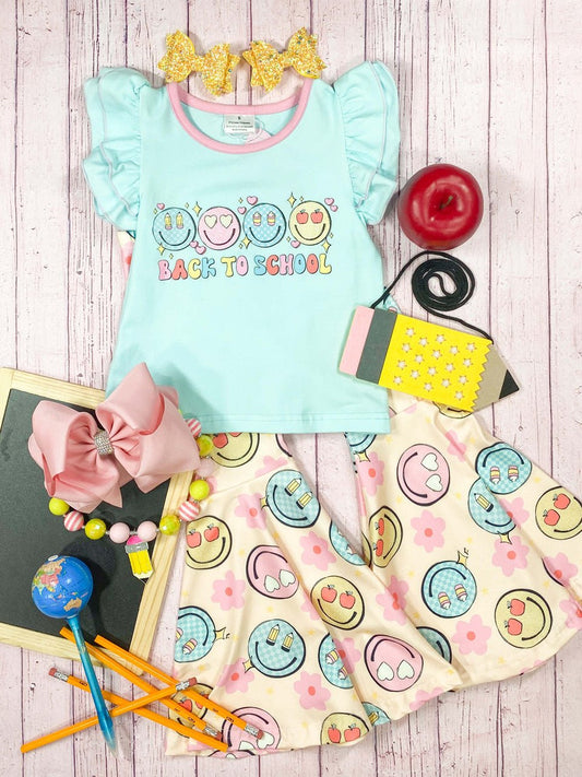 Happy to be Back Aqua Top & Yellow & Pink Flare Pants Set