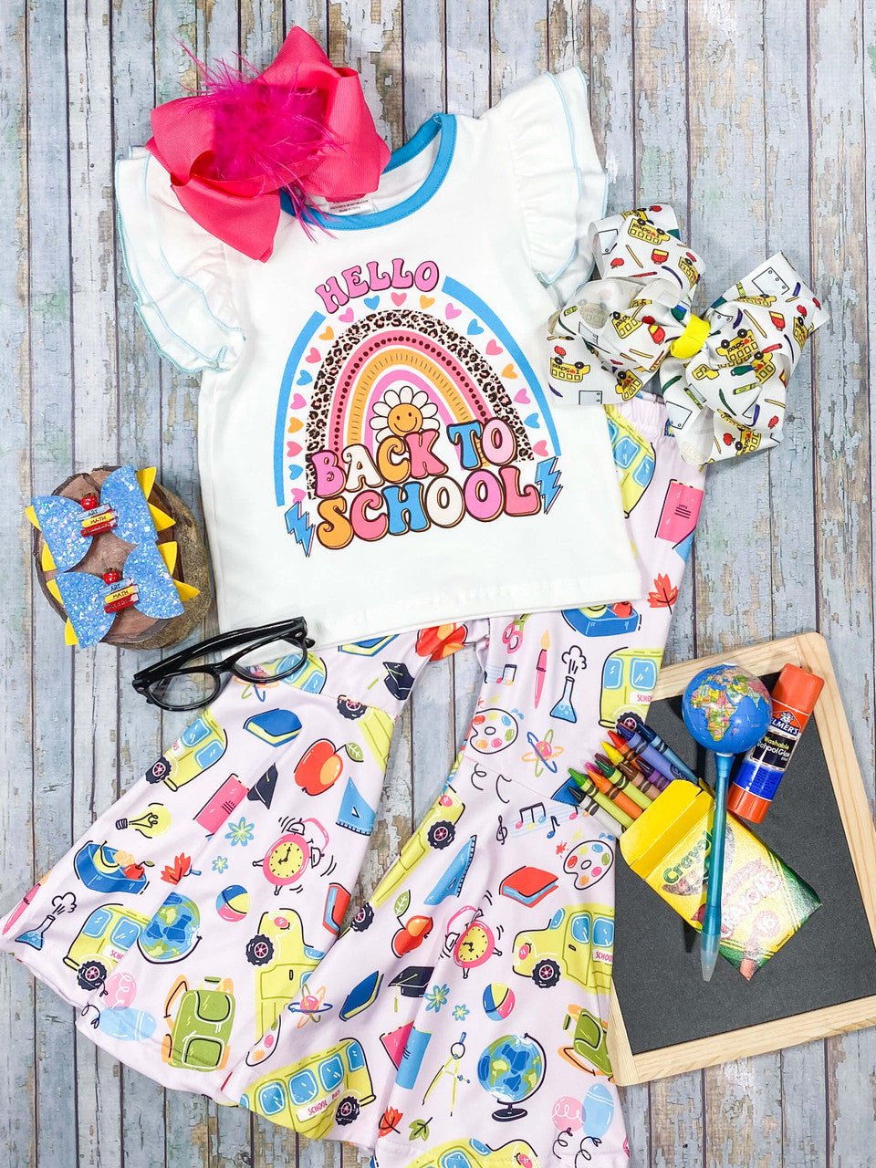 White Back to School Top With Mulit-Colored  Flare Pants Set