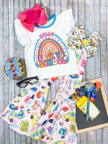 White Back to School Top With Mulit-Colored  Flare Pants Set