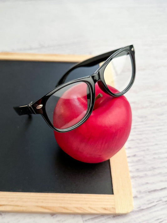 Black frame play glasses with clear lenses