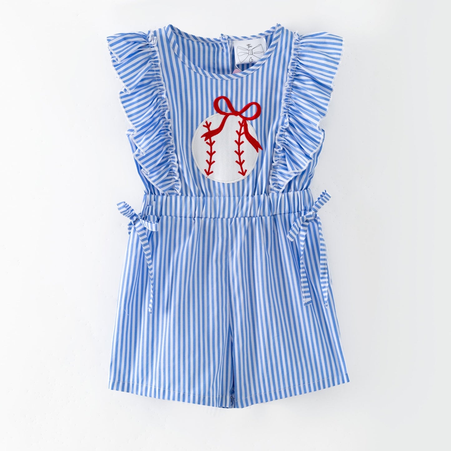 Blue and white striped romper with a  baseball on a white background