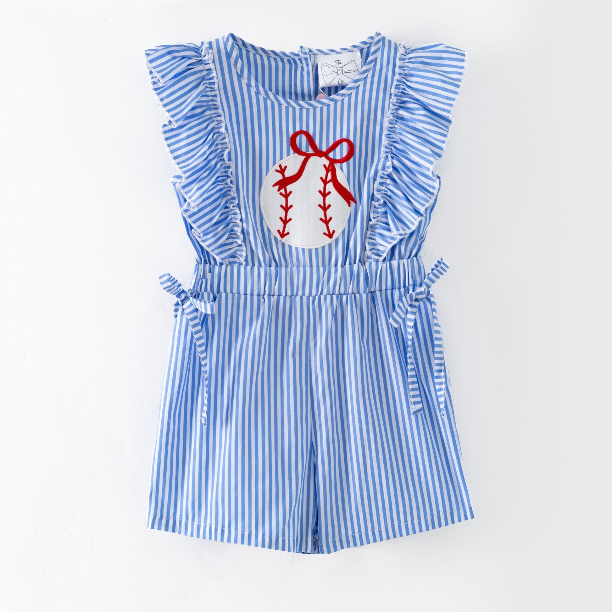 Blue and white striped romper with a  baseball on a white background