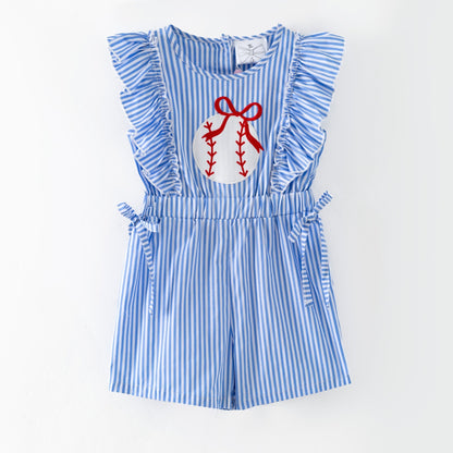 Blue and white striped romper with a  baseball on a white background