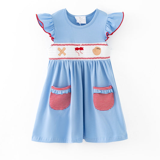 Smocked girls dress with baseball embroidery and pockets