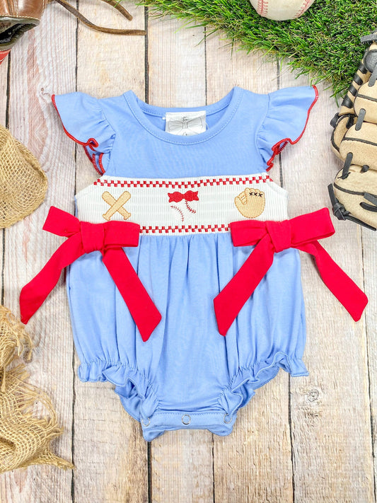 girls smocked baseball romper