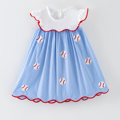 Girl's baseball dress with blue and white striped pattern and red trim on a light gray background