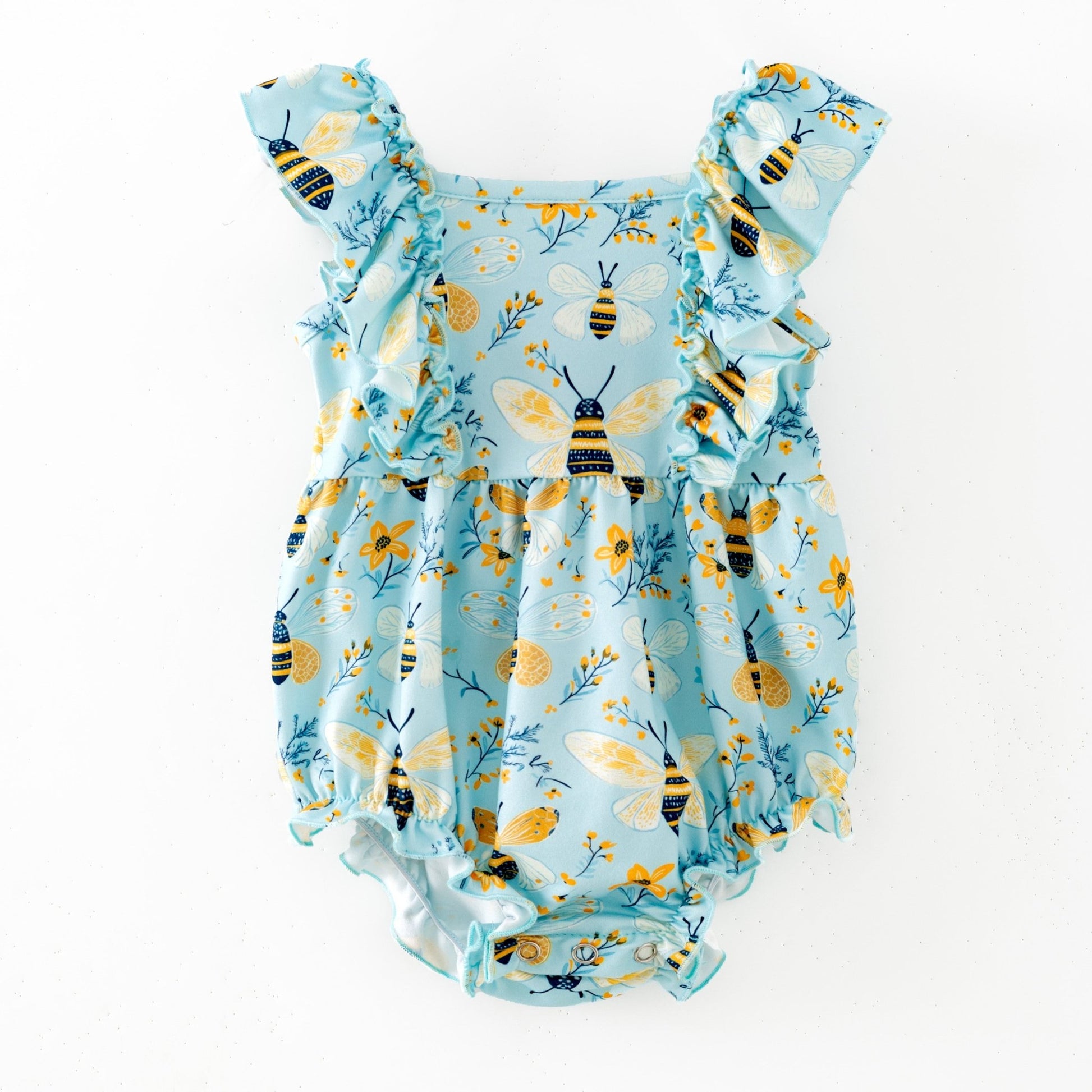 Bee print ruffle infant romper with flutter sleeves and snap closure