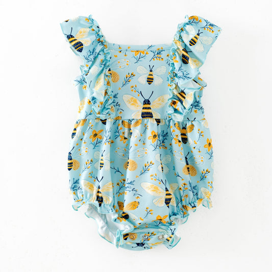 Bee print ruffle infant romper with flutter sleeves and snap closure