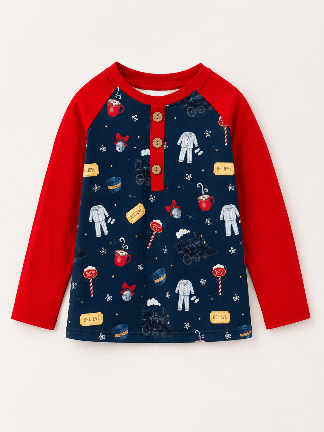 Boys Christmas train print raglan shirt with red long sleeves and wooden buttons.