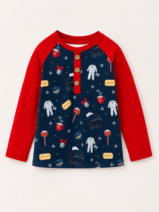 Boys Christmas train print raglan shirt with red long sleeves and wooden buttons.