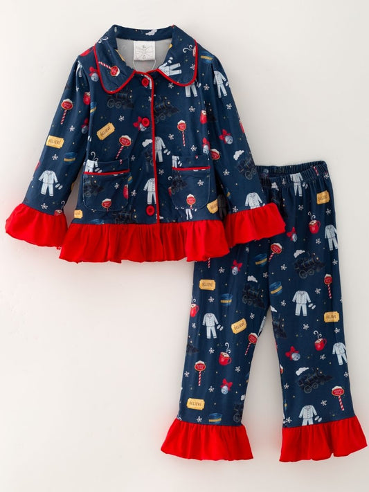 Girls navy Christmas train pajama set with red ruffle trim, button-front top and matching pants featuring holiday train print.
