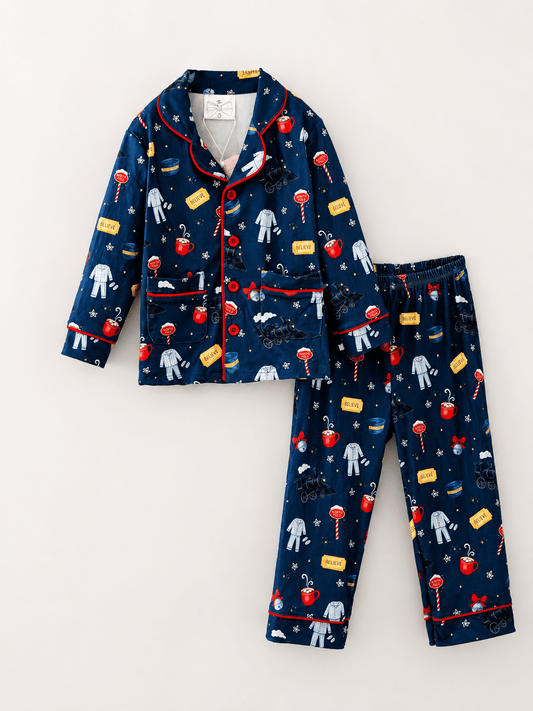 Boys navy Christmas train pajama set with red piping, button-front long sleeve top and matching pants featuring holiday train, hot cocoa, candy cane and Believe ticket print. - Alternative view