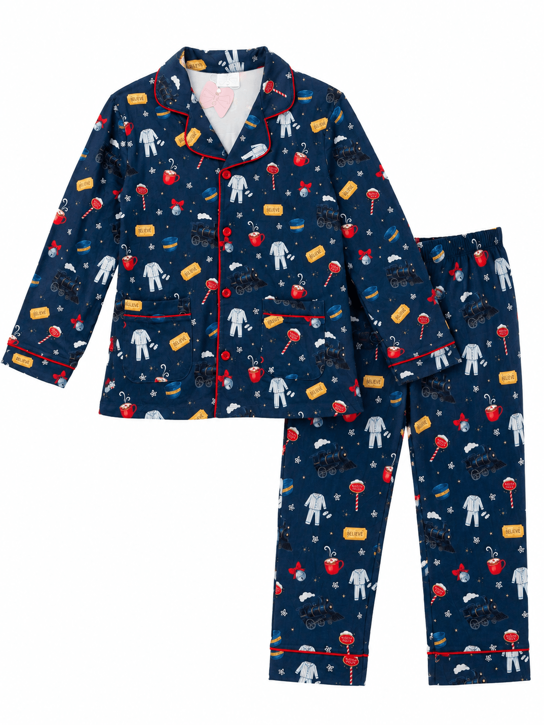 Women's navy Christmas train pajama set with red piping, button-front long sleeve top and matching pants featuring holiday train, hot cocoa, candy cane and Believe ticket print.