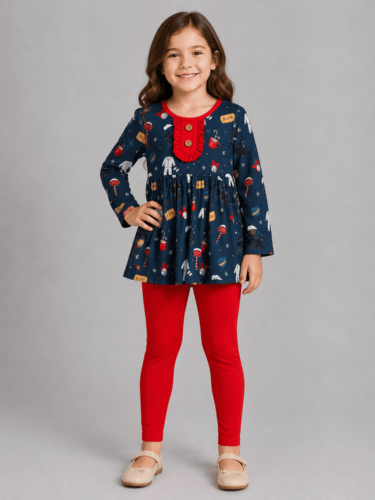 Girls Christmas Believe Train Legging Outfit Set with Red Pants