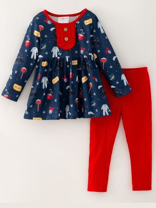 Girls Christmas Believe Train Legging Outfit Set with Red Pants
