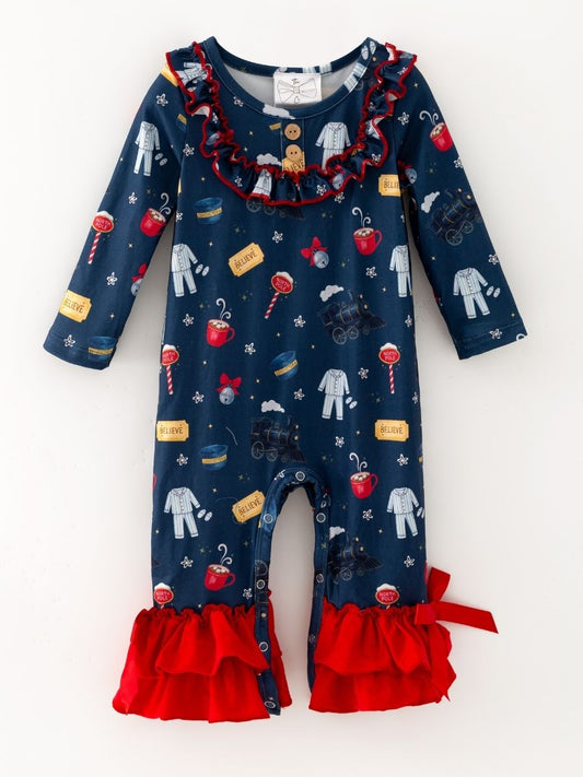 Girls Christmas train print ruffle romper with red ruffle trim, bows, and long sleeves.