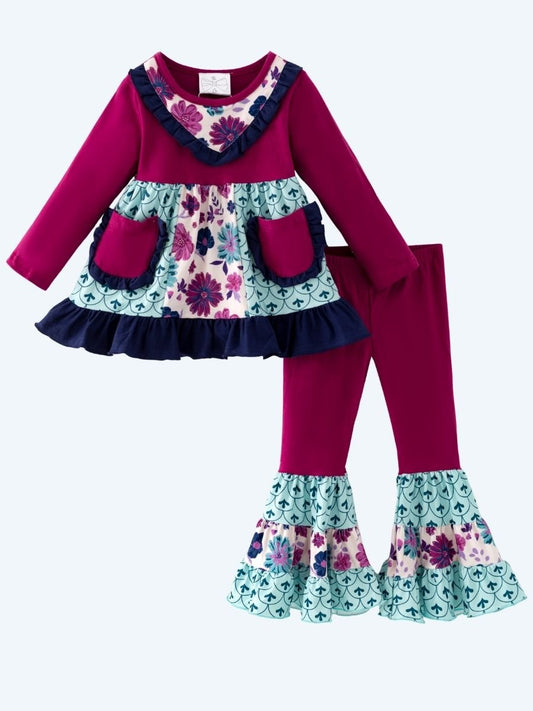 Girls plum ruffle pant set with floral patchwork tunic and bell bottoms, boutique fall outfit