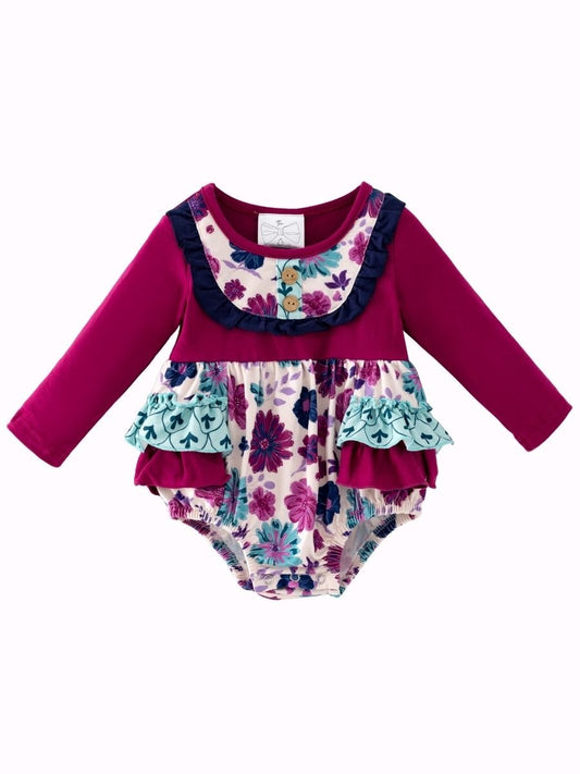 Baby girls floral ruffle bubble romper with plum bodice, boutique long sleeve outfit for infants and toddlers