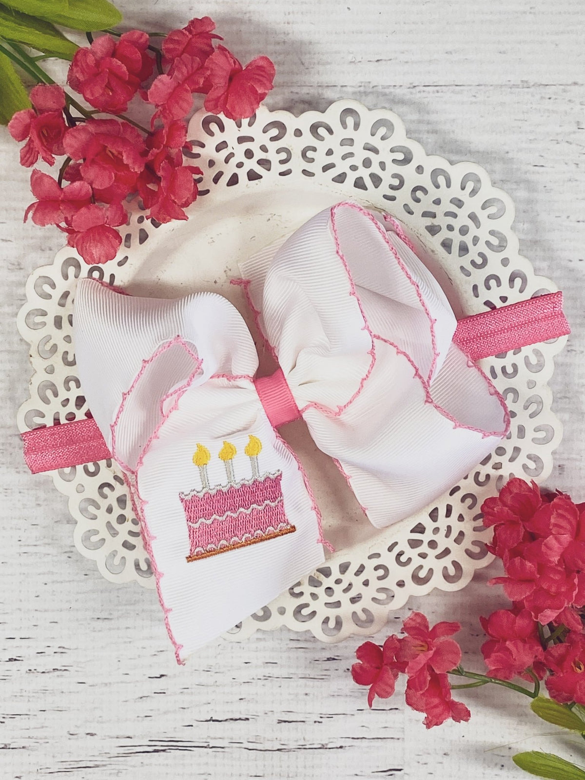 Birthday cake embroidered moonstitch bow on satin headband