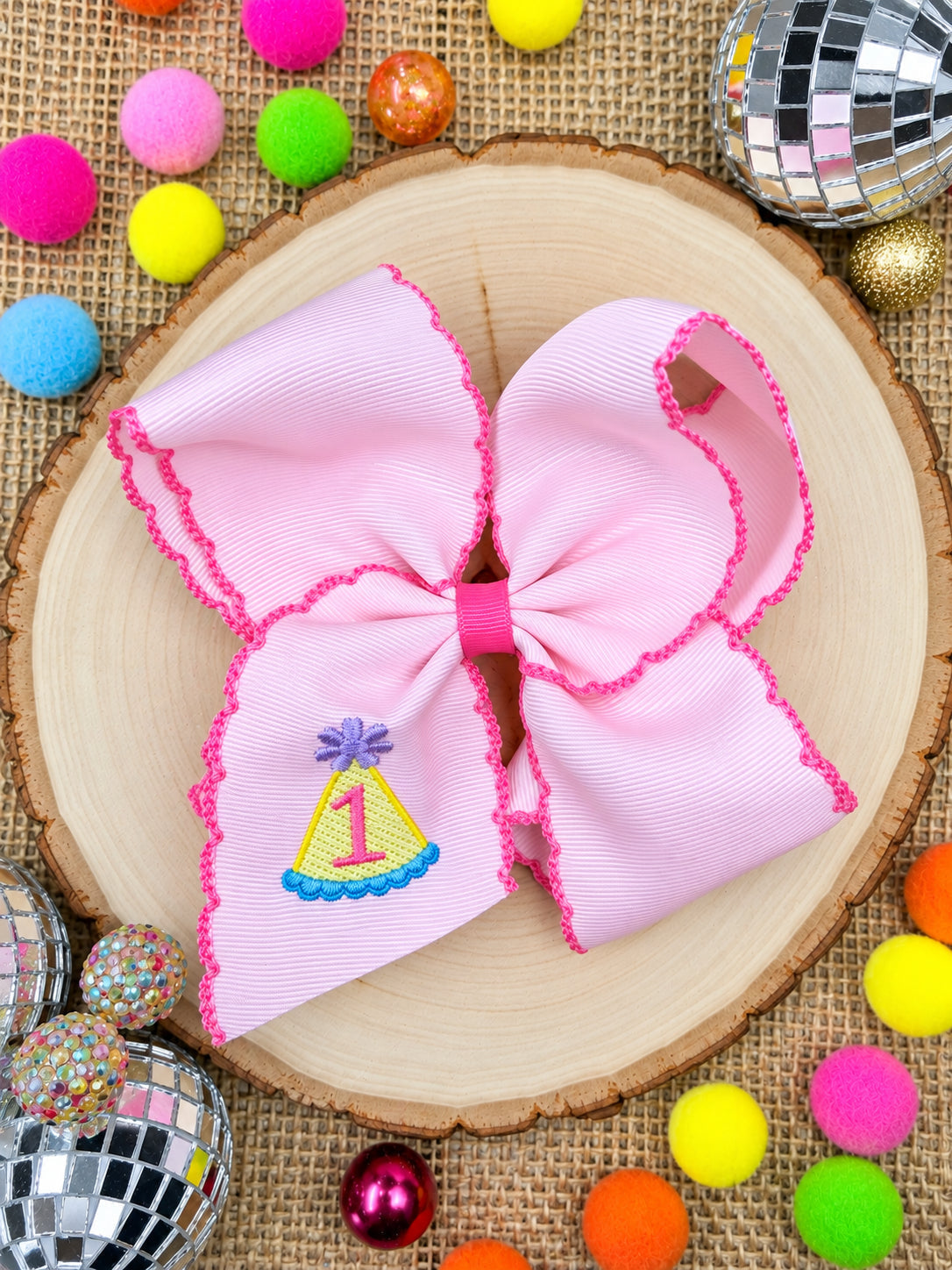 Birthday girl party hat moonstitch hair bow with number 1